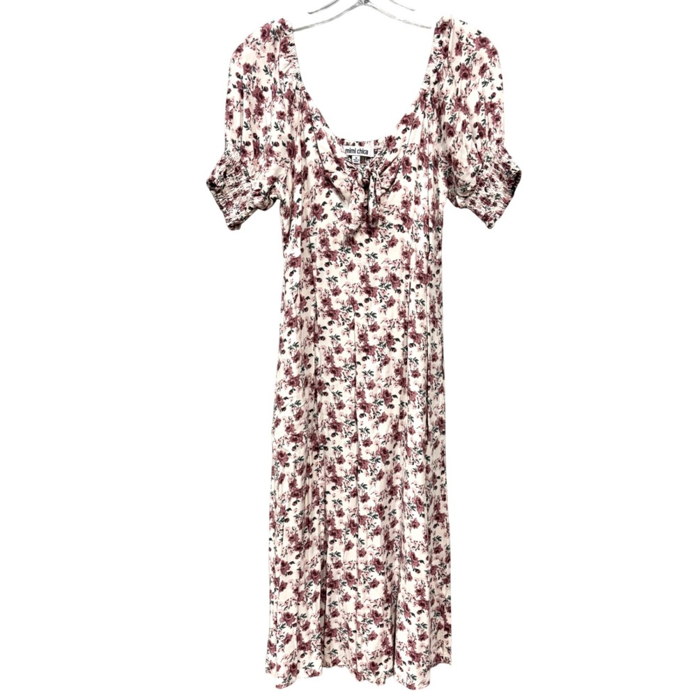 Mimi Chica Floral Print Midi Dress Low Cut Puff Sleeve Front Tie Cottagecore Med